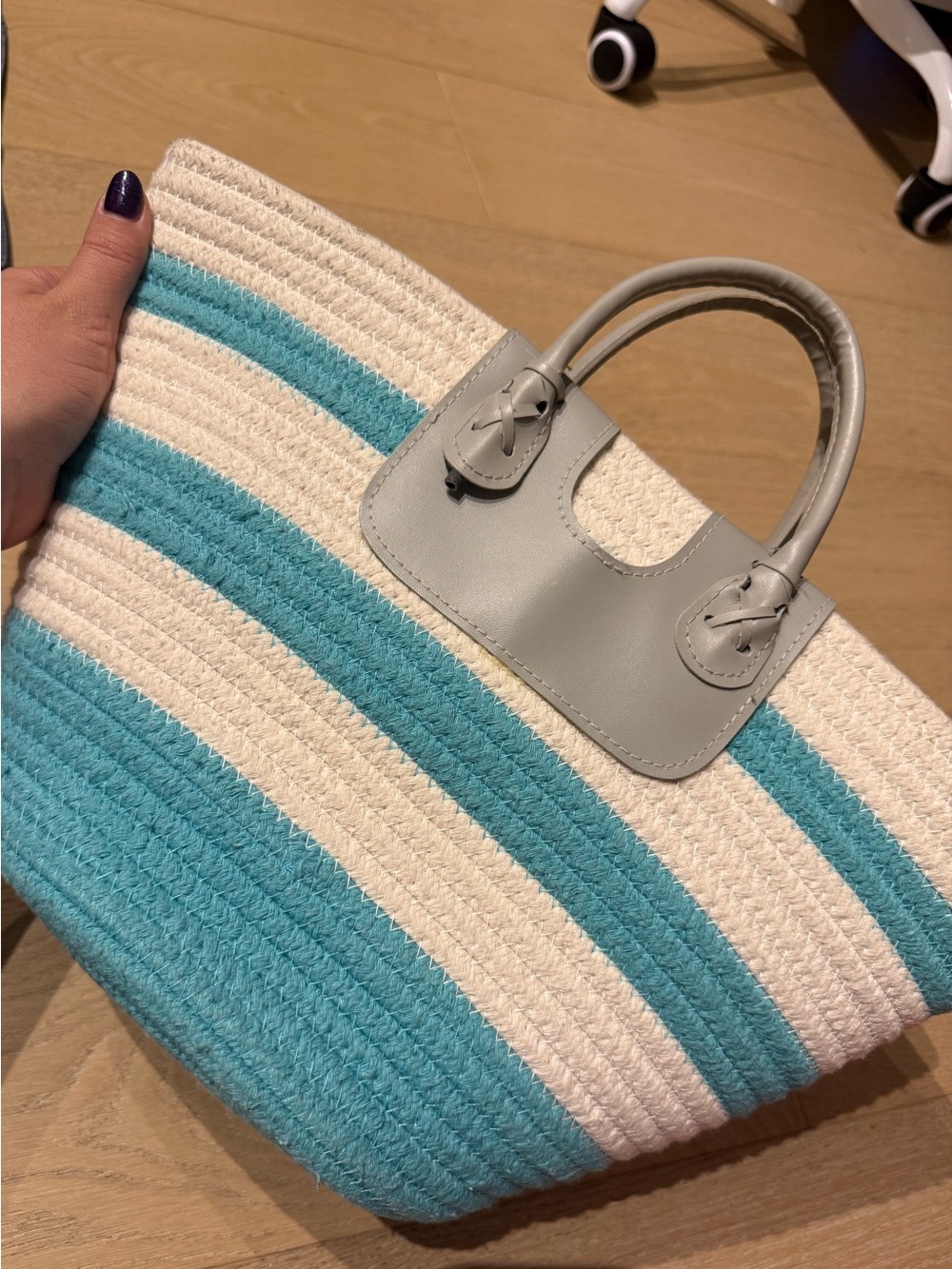 Striped Blue & White Woven Beach Bag With Faux Grey Leather Handles